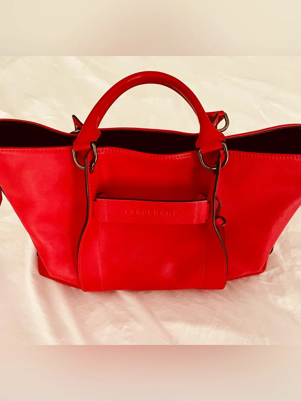 Longchamp Leather Top Handle Satchel Tote Red Crossbody Bag w/ Strap